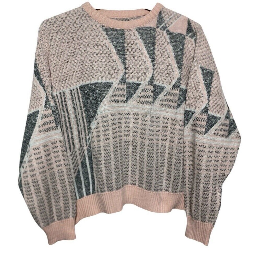 Vtg 80s Sweater Women 2X Pink Gray Contrast Geometric Print Knit Crew Neck Pull